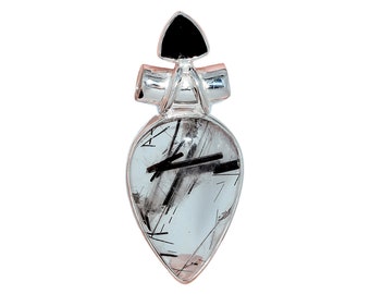 Black Tourmalinated Quartz pendant with tube bail and Black Onyx Accent