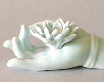 Buddha Hand with Lotus Celadon Glazed Porcelain Incense Holder