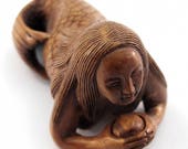 Mermaid Looking at Pearl Japanese Hand Carved Boxwood Netsuke Bead