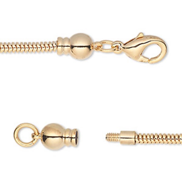 Dione® Easy-On Chain, Gold-plated Brass, 2.5mm snake, 24 inches with 3.3mm threaded ball end and lobster claw clasp.