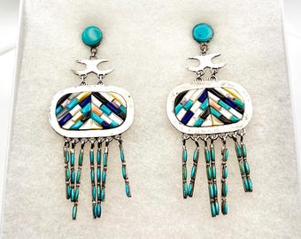 Vintage Turquoise, Mother of Pearl, Onyx, Lapis Lazuli and Spiny Oyster Earrings set in Stelring Silver