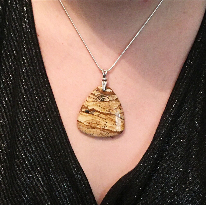 Scenic African Queen Picture Jasper Pendant with Brass Swivel Art Deco Bail