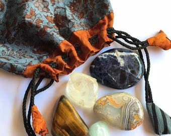 Prosperity and Abundance Stones - Starter set of five stones in a silk sari drawstring pouch
