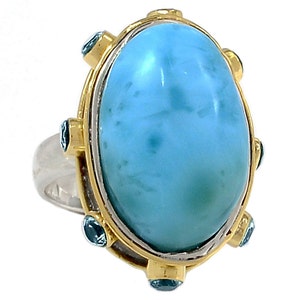 Anel oval de Larimar com iolita facetada em prata e bronze, estilo anglo-saxão, tamanho do anel 7,5