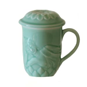 Taza de Buda reclinado con tapa de loto en porcelana esmaltada verde celadón