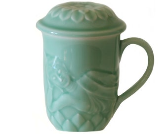 Reclining Buddha Mug with Lotus Lid in Celadon Green Glazed Porcelain