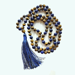 Golden Tiger&#39;s Eye and Natural Lapis Lazuli Necklace Hand-Knotted Mala 8.5mm Prayer Beads