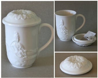 Kwan Yin Ceramic Tea Mug with Lid of Quan Yin in a White Glaze