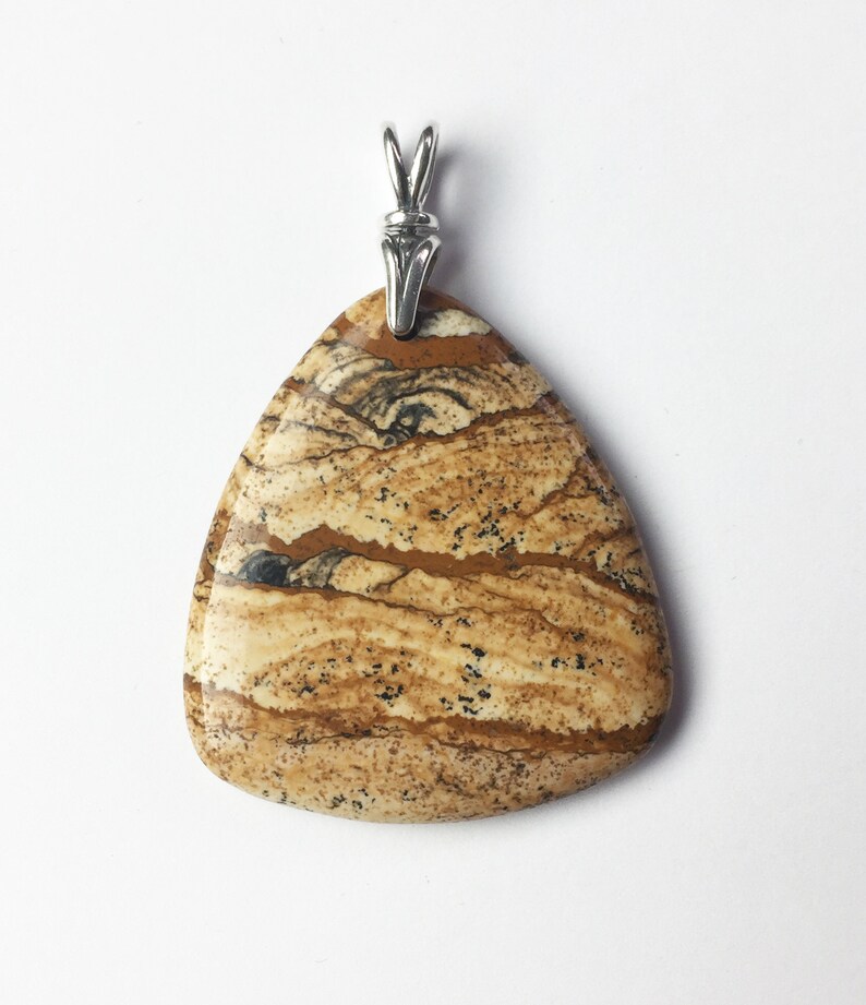 Scenic African Queen Picture Jasper Pendant with Brass Swivel Art Deco Bail