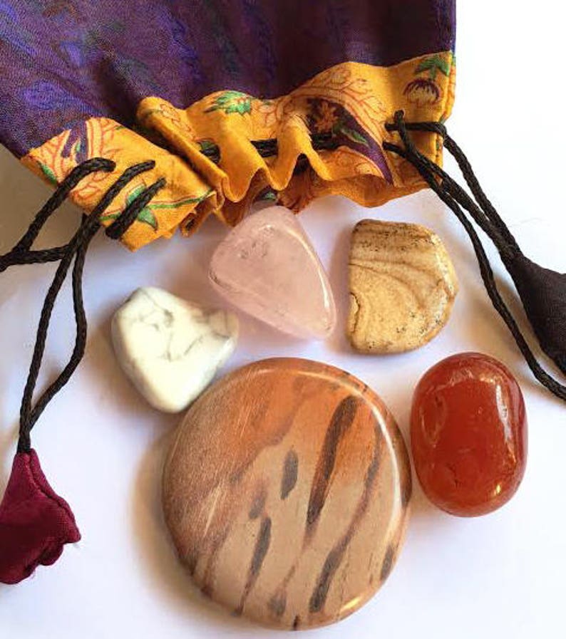 Whole Lotta Love Stones Starter set of five stones in a silk sari drawstring pouch image 1