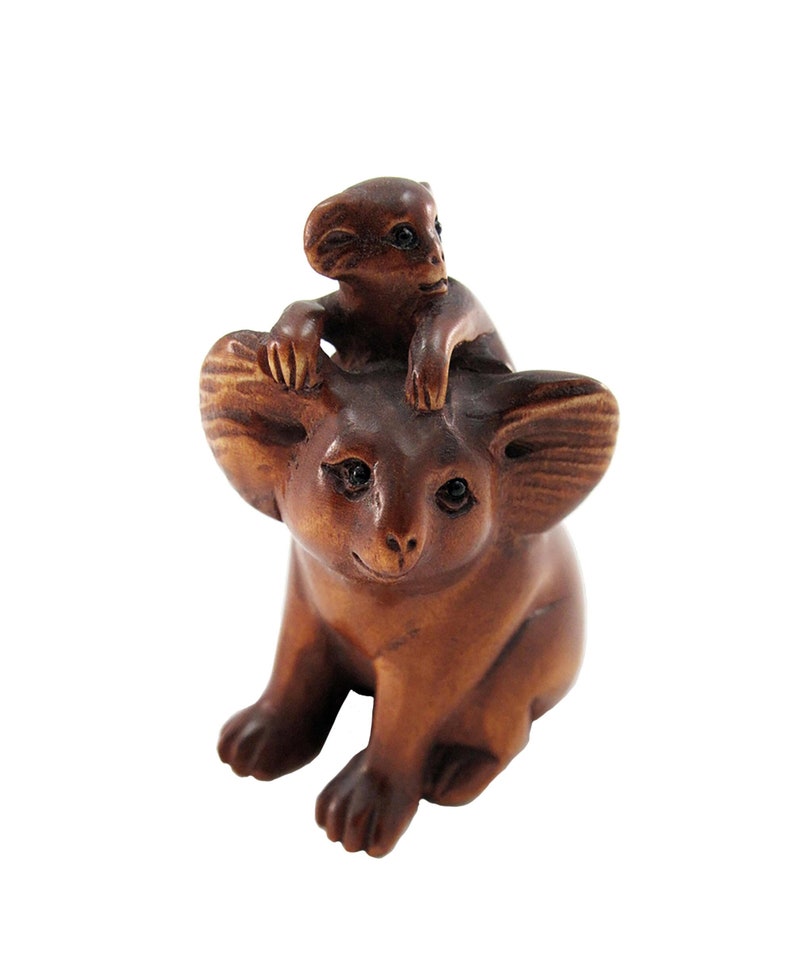 Koala Mom and Baby Hand-Carved Boxwood Netsuke Bead image 1