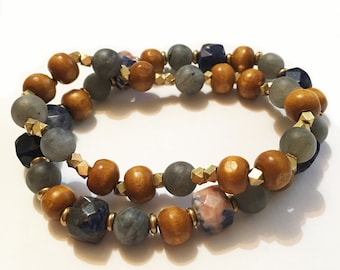 Sunset Sodalith, gefrostete blaue Sodalith und matte Tigerauge Armbänder - Stapelpaar