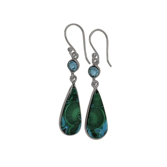 Malachite in Chrysocolla Earrings in Sterling Silver Elongated Frames