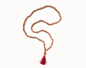 Rudraksha Bead Mala with Red Tassel - 108  Beads 6mm Knotted