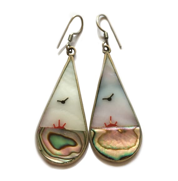 Vintage Mother of Pearl and Abalone Inlay Earring… - image 1