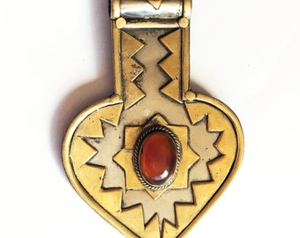 Vintage Silver and Brass Pendant with Carnelian in Zigzag Design