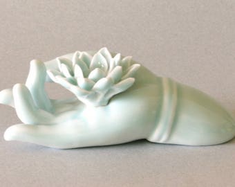 Buddha Hand with Lotus Celadon Glazed Porcelain Incense Holder