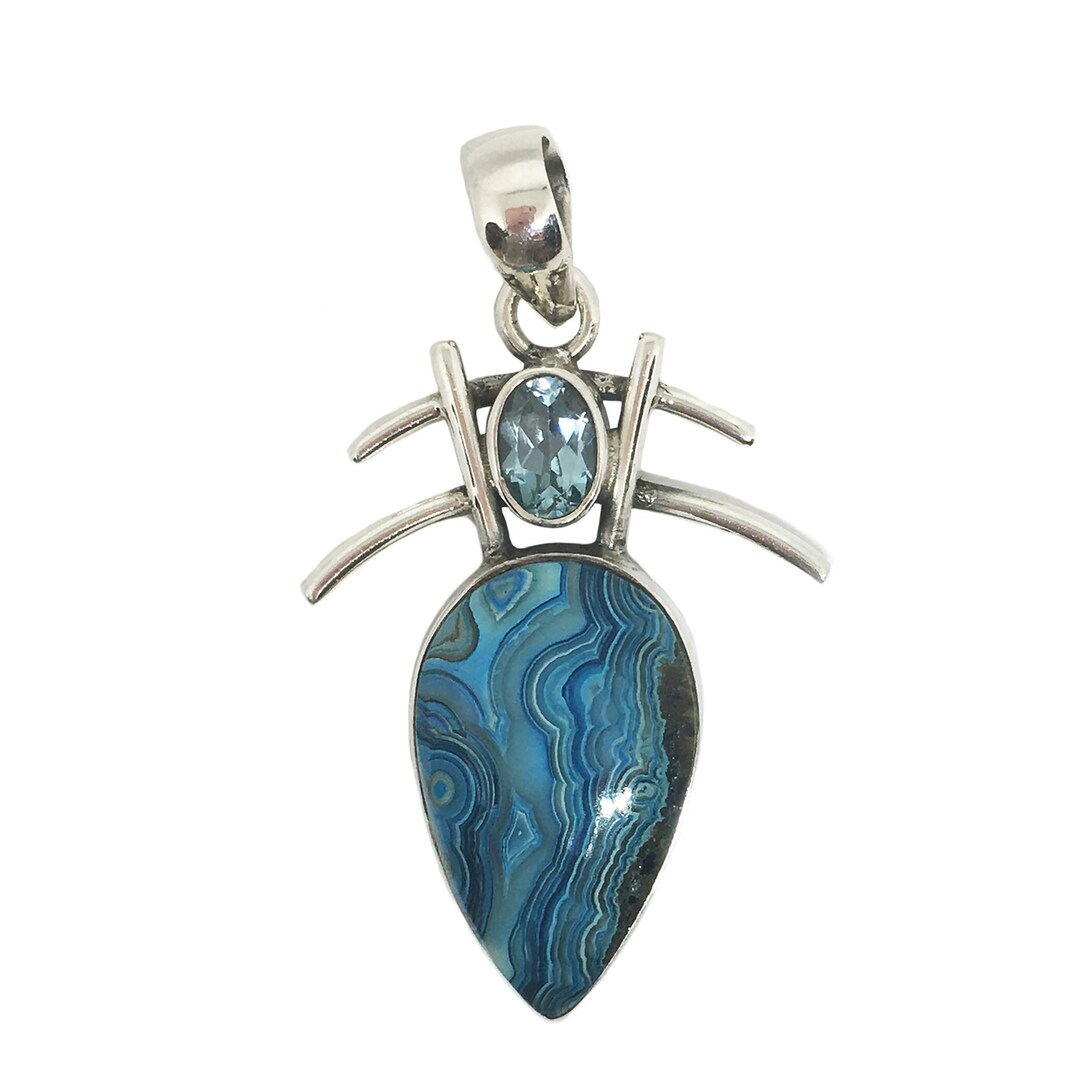 Mexican Laguna Crazy Lace Agate Pendant With Blue Topaz - Etsy