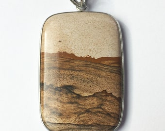 African Queen Picture Jasper Rectangular-Shaped Pendant in Sterling Silver Setting - Gallery Quality