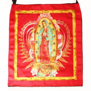 Unsere Dame Die Jungfrau von Guadalupe mit Hand verzierten Kristallen flammendes Herz Baumwollschwarz-Denim-Tasche