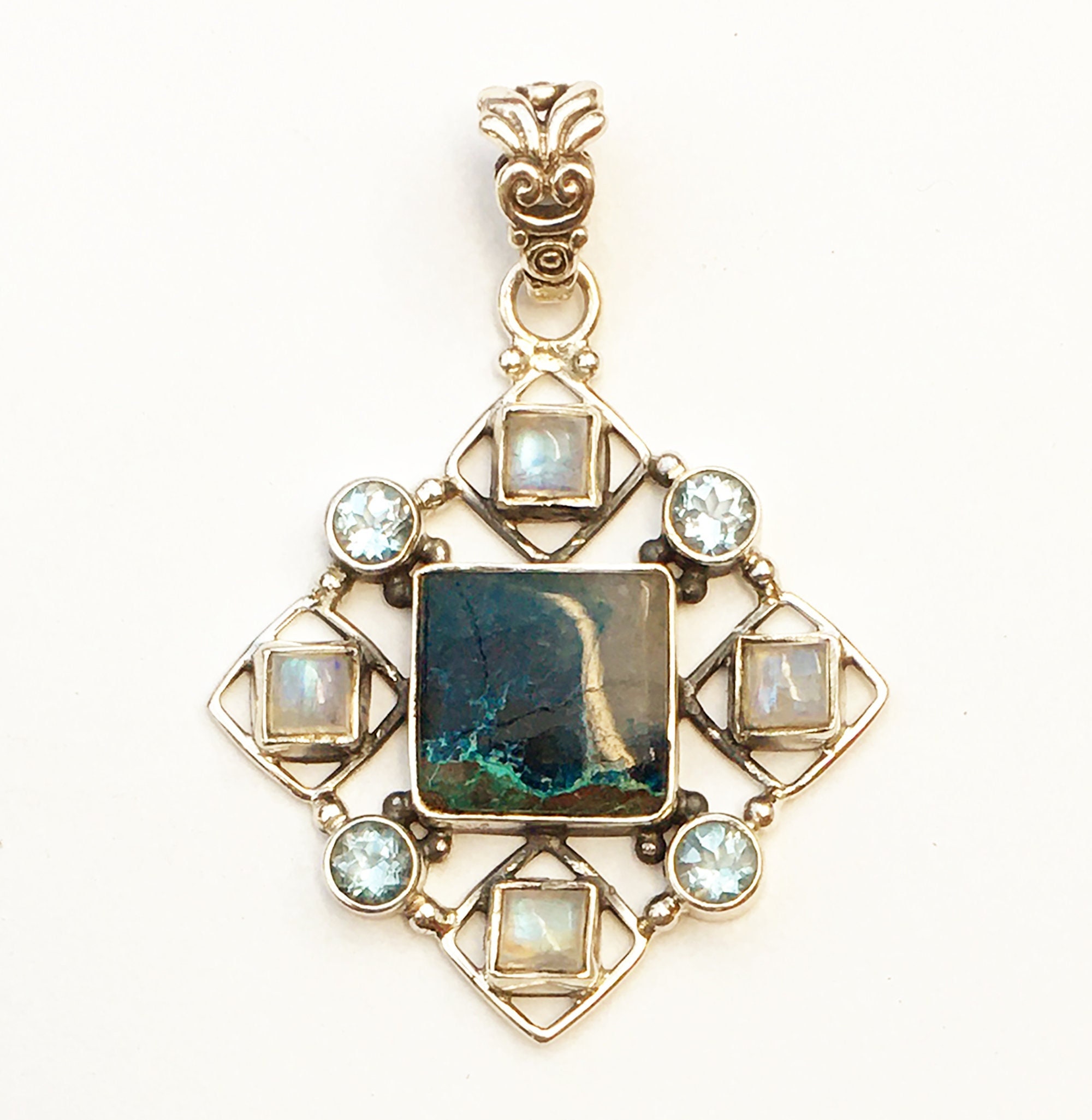 Lightning Azurite Pendant with Moonstones and Topaz