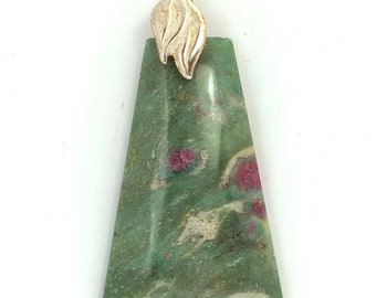 Ruby Fuchsite Pendant with silver bail in leaf design blocks criticism, judgment and negativity.