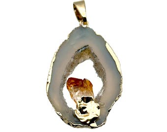 Citrine Points in Agate Druzy Slice with Gold Electro Plate Pendant