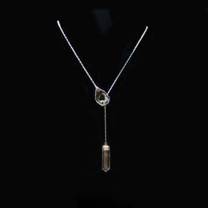 Brazilian Oco Agate Geode Slice with Druzy Silver Lariat with Clear Quartz Point