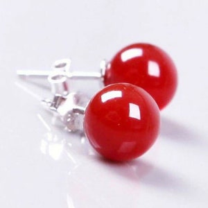 Red Coral Earrings 9.5mm Round Sterling Silver Studs