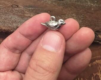 May include: A small, silver-colored bird charm with a loop for attaching to jewelry. The bird is detailed with textured feathers and a small beak. The charm is held in a hand against a wooden background.