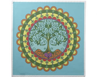 Tree of Life Mandala Aqua Blue Cotton Tarot Cloth