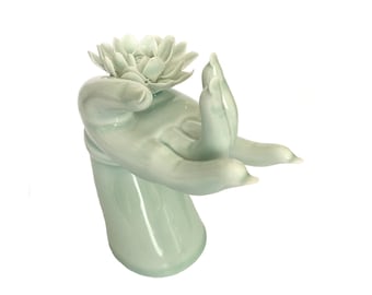 Kwan Yin Hand & Flower Incense Stand in Aqua Celadon Glaze