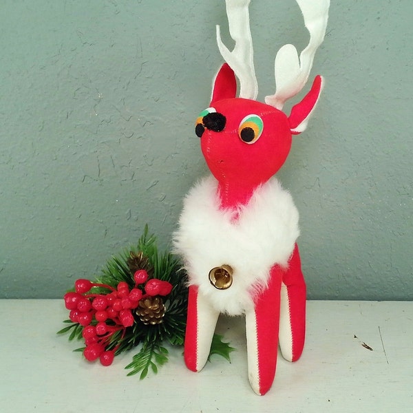 SALE Vintage Reindeer Red Velvet Deer Christmas Decoration Stuffed Animal Plushie Ornament Hopsack