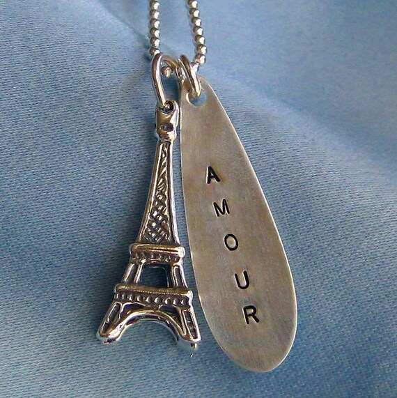 Items similar to Sterling Silver Eiffel Tower Charm Necklace with Hand