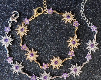 Tangled Sun and Purple Zircon Flowers Bracelet - High Quality 14K Gold Filled and Silver Variations, Purple Sun Bracelet