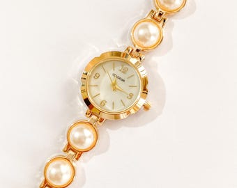 Pearl Watch, Vintage Watch, Gift for Her, White Watch, Unique Watch, Bridal Jewelry, Gold Watch