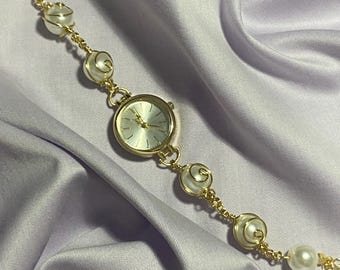 Wire Wrapped Pearl Charm Watch, Spiritual Pearl Charm Bracelet Watch, Vintage Look Charm Bracelet, Unique Watch