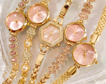 Colección de relojes Pink Princess, reloj vintage, regalo para ella, reloj rosa, reloj único, reloj dorado, reloj con strass, reloj para el día a día.