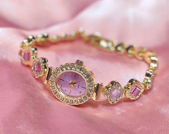 Pink Princess Zircon Stone Oval Watch, Vintage Look Wrist Watch, Gift for Her, Pink Watch, Unique Watch
