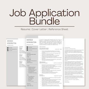May include: A job application bundle featuring a resume, cover letter, and reference sheet. The documents are designed with a clean, professional layout, and include the name "Brenda Kensington" at the top of each page. The bundle is ideal for job seekers.