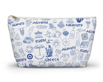 Greece Charming T-bottom Accessory Pouch, Travel Organizer, Makeup Bag, Gift for Travelers, Cute Clutch, Blue and White Art