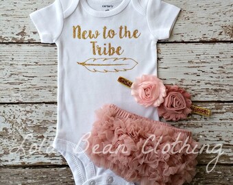 Baby Girl Take Home Outfit Newborn New to the Tribe Bodysuit Bloomers Headband Set Dusty Rose