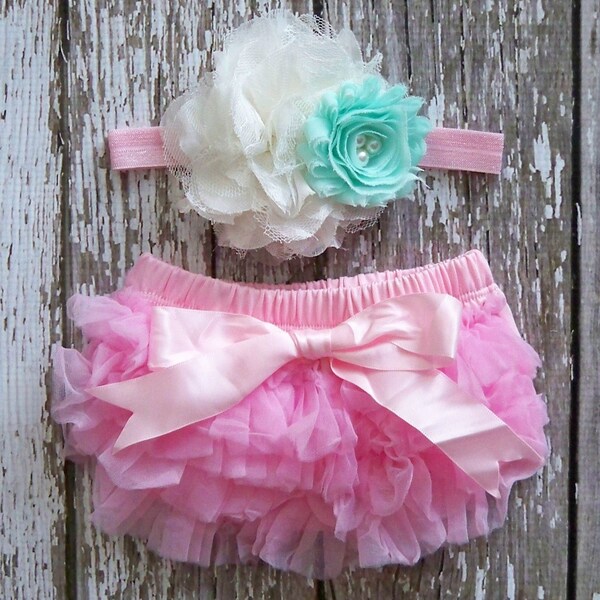 Baby Girl TuTu Bloomers Ruffle Diaper Cover Mint Pink Ivory Flower Headband Set Newborn Photography Prop 0 3 6 9 12 18 months