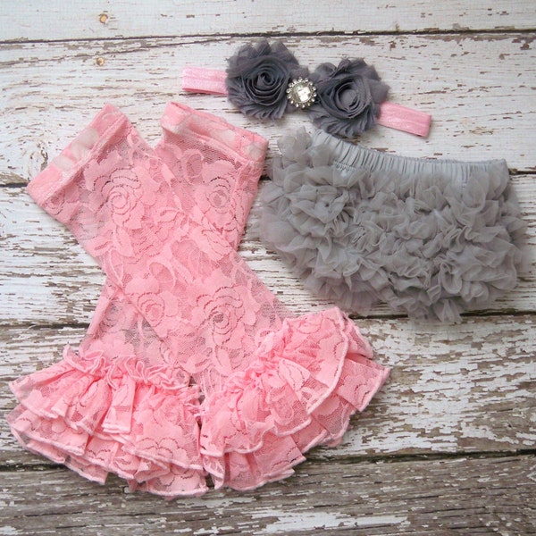 READY TO SHIP Ruffle Bloomers Grey Gray Chiffon Pink Shabby flowers headband lace legwarmers set Cake Smash Birthday Outfit 6 9 12 18 months