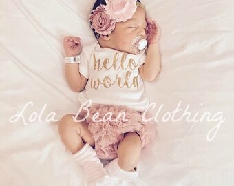 Baby Girl Take Home Outfit Newborn Hello World Bodysuit Bloomers Headband Set Dusty Rose Pink