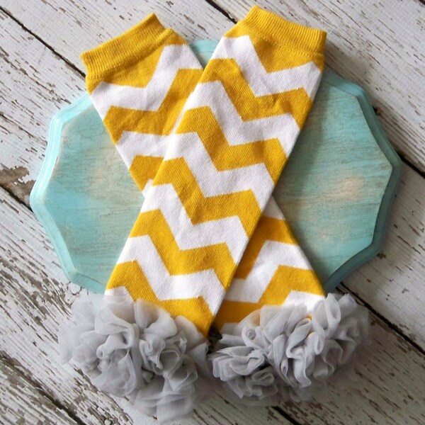 Mustard Yellow Grey Gray White Chevron White Ruffles Leg Warmers Toddler Child Photo Prop Couture Posh Leggings Legwarmers Baby Girl