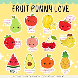 Stickers amour jeu de mots | Stickers numériques mignons pour agendas, journaux et scrapbooking | Fruits kawaii | Jeux de mots pour la Saint-Valentin