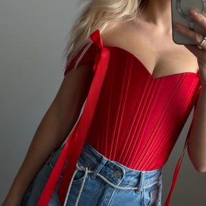 Red custom made corset wedding dress, plus size corset tank, Bridgerton fairy bustier top, renaissance corset belt, vintage corset top