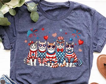 Patriotic Cat Shirt USA 4th of July Tee, Funny America Cat Lover Shirt, Independence Day T-Shirt, Red White Blue Gift Women