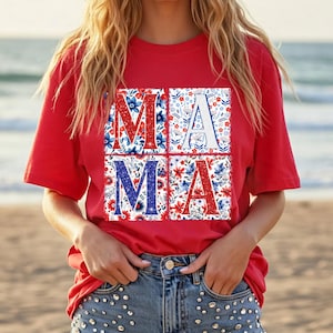MAMA 4th of July Shirt, Patriotic Floral Block Letters Tee, Red White Blue Mom Gift, USA Independence Day T-Shirt, Cute Summer Flower Shirt